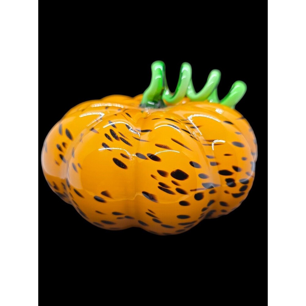ART GLASS HAND BLOWN PUMPKIN LONG CURLY STEM HALLOWEEN FALL AUTUMN DECOR 7”